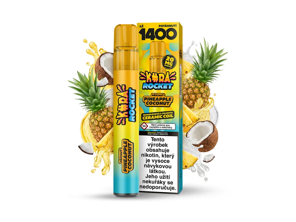 Kura rocket, jednorázová ecigareta, až 1400 potahů, ceramic coil, 20 mg nikotinu, příchuť pineapple coconut, ananas kokos, pina colada