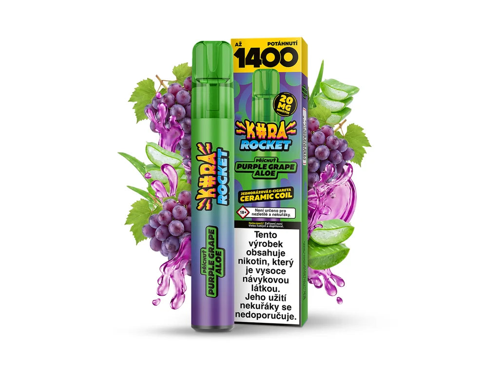 Kura rocket, jednorázová ecigareta, až 1400 potahů, ceramic coil, 20 mg nikotinu, příchuť purple grape aloe, hrozny aloe vera