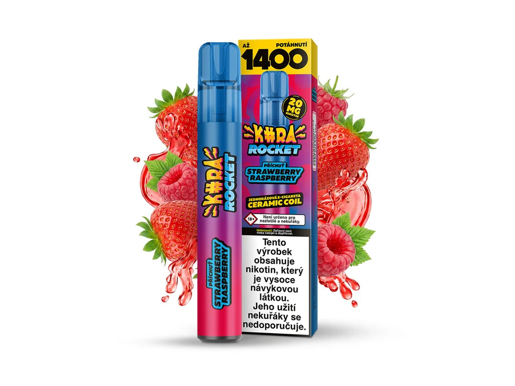 Kura rocket, jednorázová ecigareta, až 1400 potahů, ceramic coil, 20 mg nikotinu, příchuť strawberry raspberry, jahoda malina