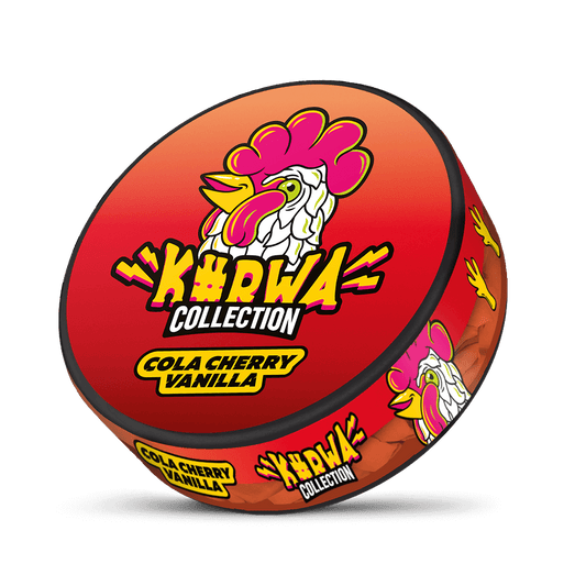 Nikotinové sáčky Kurwa Cola Cherry Vanilla – kombinace svěží coly, šťavnaté třešně a jemné vanilky, hladký a bohatý nikotinový zážitek, ideální pro milovníky vícevrstvých chutí