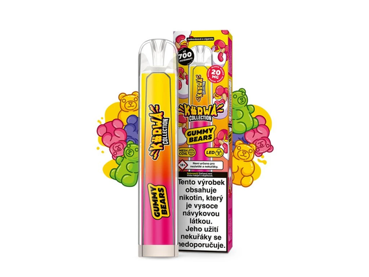 Kurwa Collection Gummy Bears – jednorázová elektronická cigareta s chutí gumových medvídků. Až 700 potahů pro sladkou ovocno-cukrovou kombinaci s jemným dezertním charakterem.