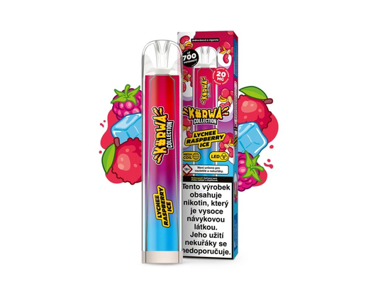 Kurwa Collection Lychee Raspberry Ice – jednorázová elektronická cigareta s chutí liči a malin. Až 700 potahů pro exotickou sladko-kyselou kombinaci s chladivým a osvěžujícím závěrem.