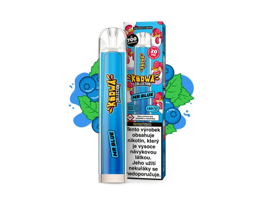 Kurwa Collection Mr Blue – jednorázová elektronická cigareta s chutí borůvky a mentolu. Až 700 potahů pro svěží a vyvážený ovocný zážitek s chladivým závěrem.