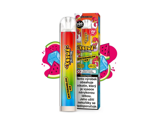 Kurwa Collection Watermelon Ice – jednorázová elektronická cigareta s chutí sladkého melounu a chladivým ice efektem. Až 700 potahů pro svěží zážitek s moderním designem a LED podsvícením