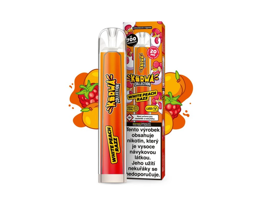 Kurwa Collection White Peach Razz – jednorázová elektronická cigareta s chutí bielej broskve a malin. Až 700 potahů pro dlouhotrvající zážitek. LED podsvícení a kompaktní design