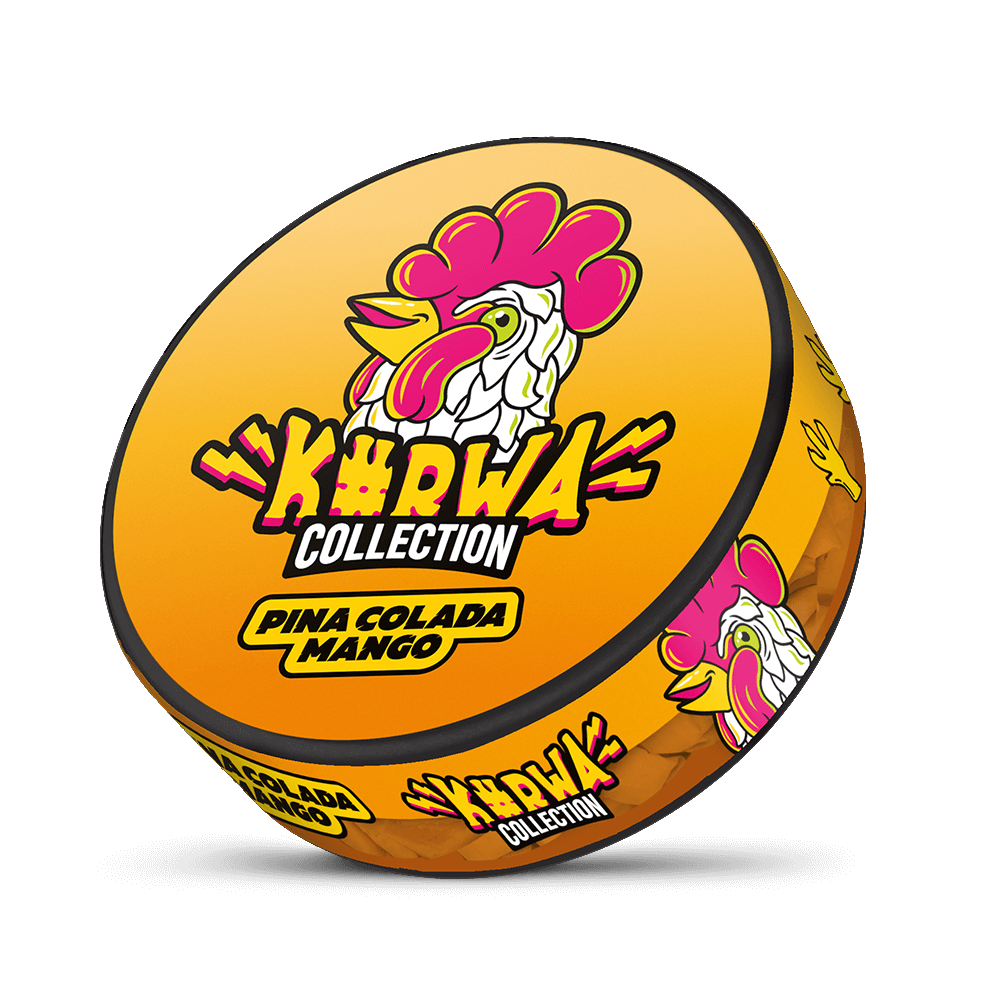 Nikotinové sáčky Kurwa Pina Colada Mango – kombinace krémového kokosu a šťavnatého manga, tropický a sladký nikotinový zážitek, exotická ovocná chuť pro dospělé