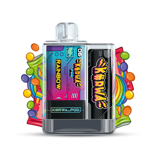 KURWA Pod Kit Rainbow – dobíjecí pod systém s ovocnou směsí inspirovanou bonbóny, obsahuje limetku, pomeranč, černý rybíz, jahodu a citron, sladko-kyselý a svěží vaping