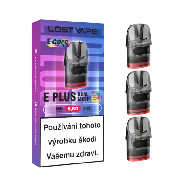 Lost Vape E-Plus Dual Mesh cartridge 0,6 ohm pro MTL a RDL potah, balení 3 ks