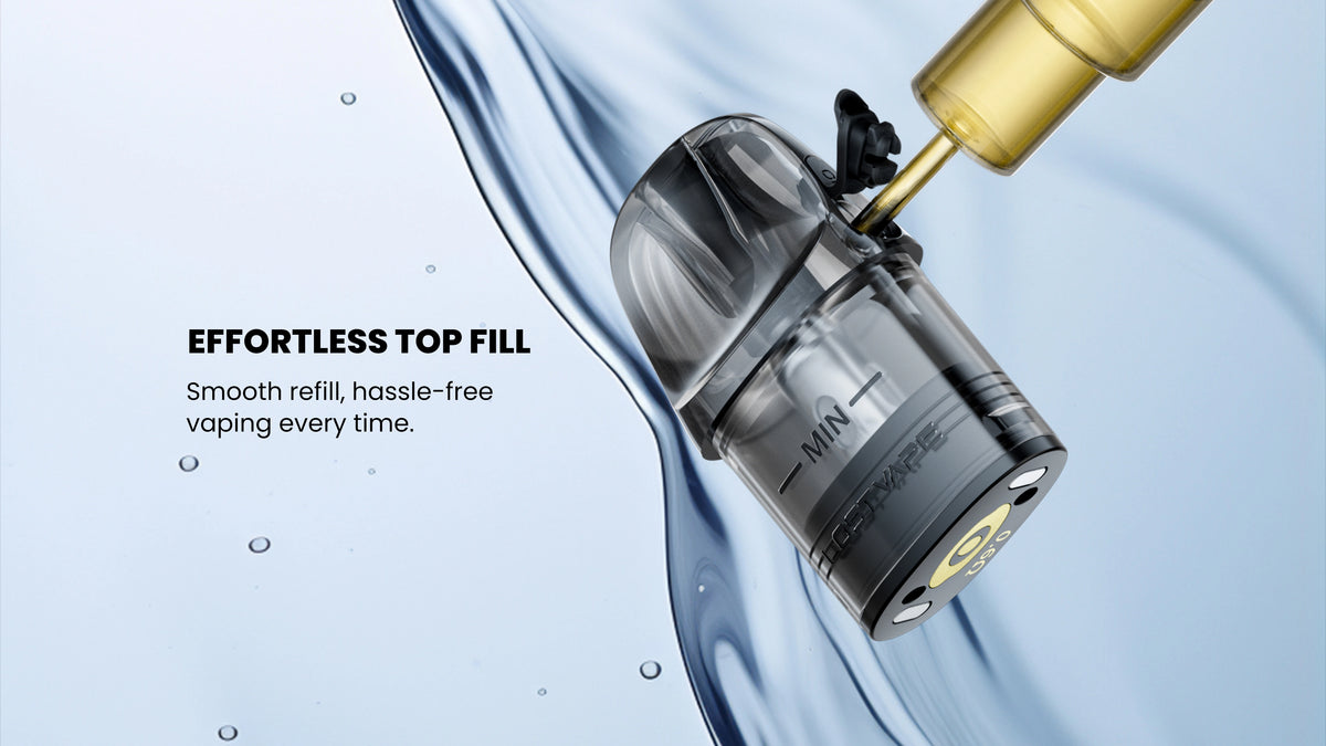 Horní plnění Lost Vape E-Plus V2 cartridge umožňující snadné doplnění e-liquidu