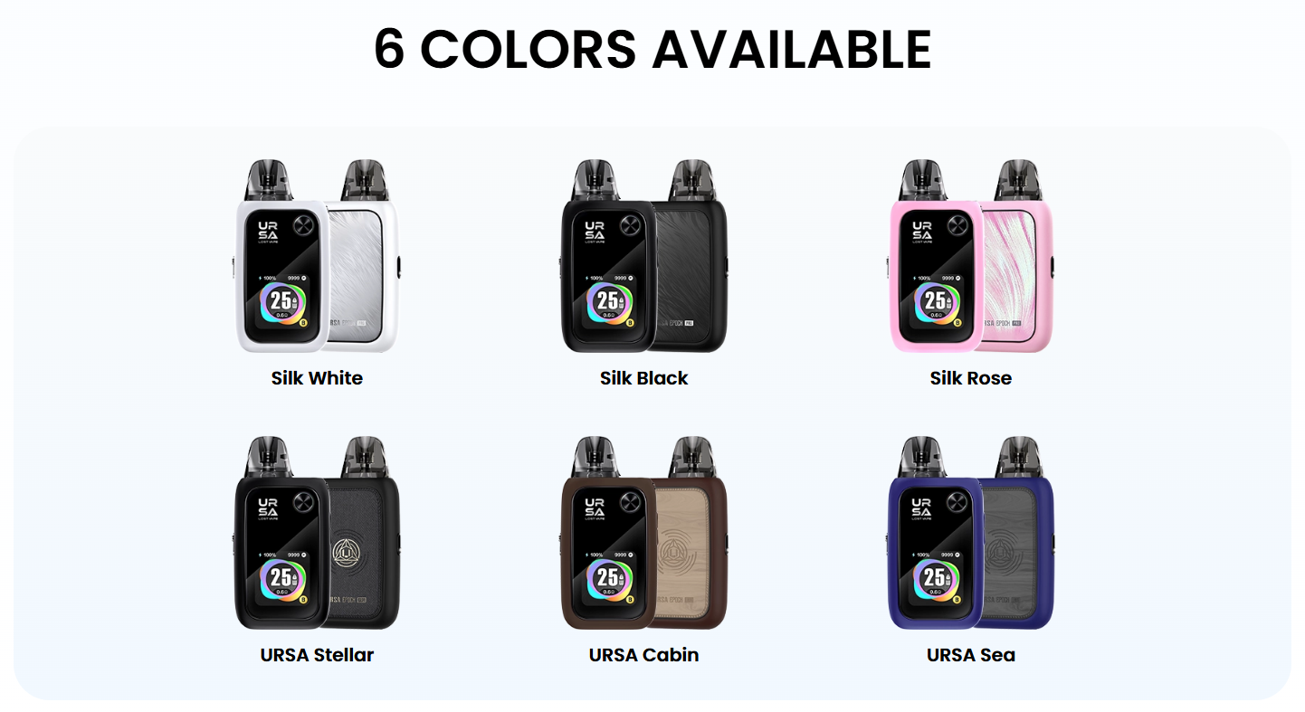 Barevné varianty Lost Vape Ursa Epoch Pro Silk White, Silk Black, Silk Rose, URSA Stellar, URSA Cabin a URSA Sea
