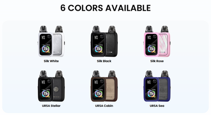 Barevné varianty Lost Vape Ursa Epoch Pro Silk White, Silk Black, Silk Rose, URSA Stellar, URSA Cabin a URSA Sea