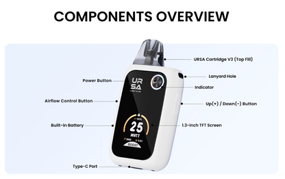Ovládací prvky Lost Vape Ursa Epoch Pro s regulací vzduchu, TFT displejem a USB-C nabíjením