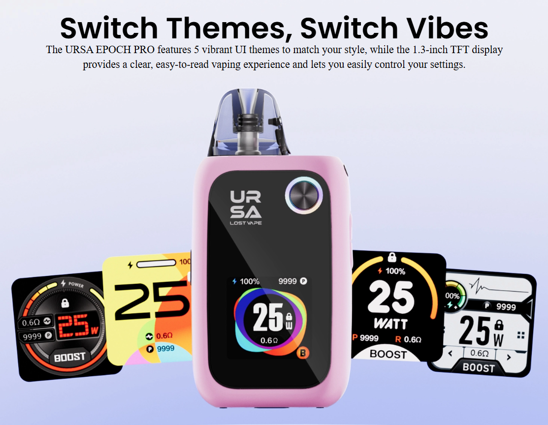 Barevný TFT displej Lost Vape Ursa Epoch Pro s pěti volitelnými motivy uživatelského rozhraní