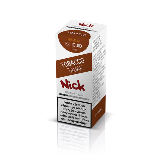 Nick Tobacco 6 mg klasický tabákový e-liquid 10 ml s vyváženou chutí, určený jako náplň do plnitelných elektronických cigaret a MTL POD systémů.