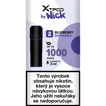 Průhledná cartridge NICK X TPOD Blueberry s 2 ml e-liquidu a nikotinovou solí 20 mg/ml