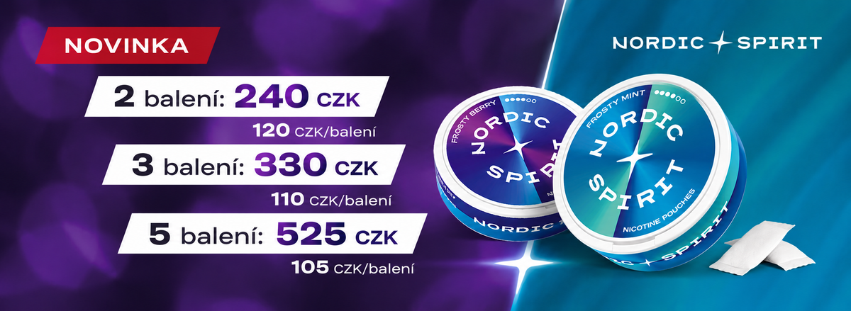 Akce Nordic Spirit na nikotinové sáčky – 2 balení za 240 Kč, 3 za 330 Kč nebo 5 za 525 Kč