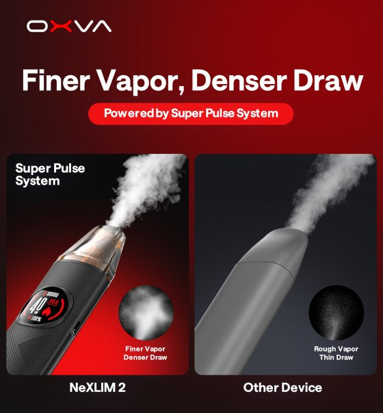 OXVA NeXLIM 2 otevřený POD systém benefit lepší vapování, slogan finer vapor, denser draw, powered by super pulse system.