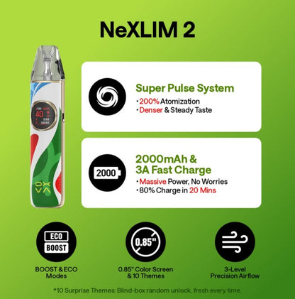 OXVA NeXLIM 2 otevřený POD systém benefity, slogan - super pulse system, lepší vapování, 200 procent atomization, denser and steady taste
