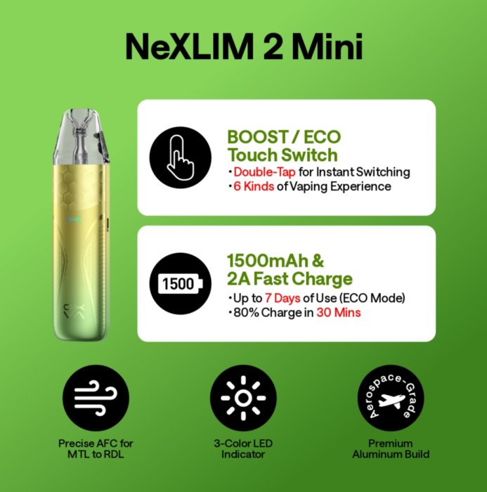 OXVA NeXLIM 2 Mini plnitelná elektronická cigareta 1500mAh, touch switch, 2A fast charge, led indicator, precise AFC for MTL to RDL