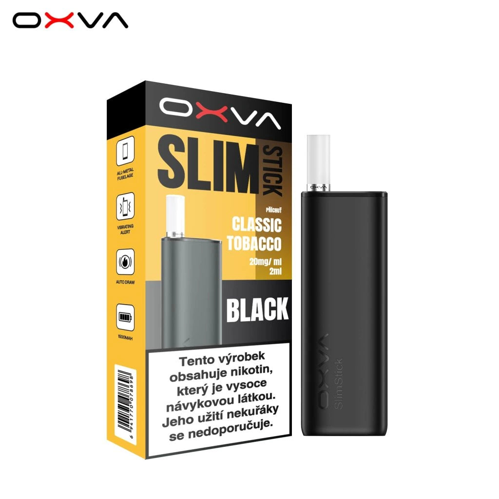 OXVA Slimstick Starter Kit Black Classic Tobacco – elektronická cigareta s předplněným podem, baterií 1500 mAh a tabákovou příchutí