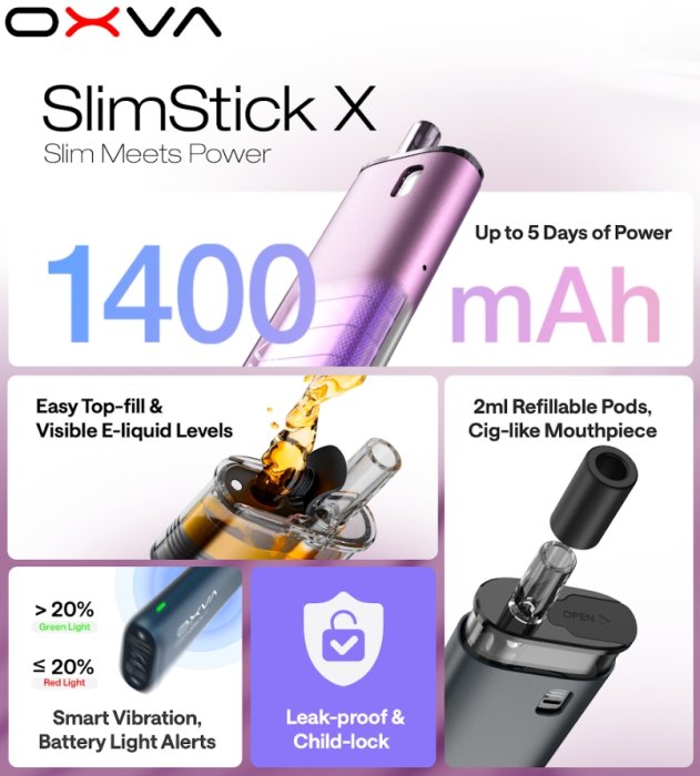OXVA SlimStick X Pod Kit s baterií 1400 mAh, benefits: easy top fill, smart vibrazion, battery light alerts