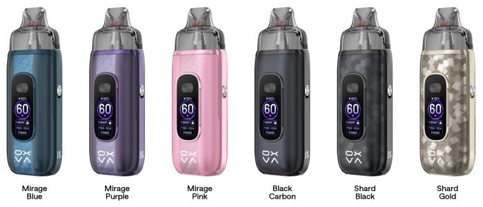 Barevné varianty OXVA VPRIME 2 POD 60 W – Mirage Blue, Purple, Pink, Black Carbon, Shard Black a Gold