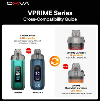 OXVA VPRIME 2 kompatibilita s VPRIME cartridge Single Mesh a Dual Mesh 0,4 a 0,6 ohm