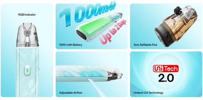 Hlavní funkce POD e-cigarety OXVA XLIM GO LITE – baterie 1000 mAh, RGB indikátor, nastavitelné airflow a technologie Unitech 2.0