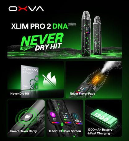 oxva xlim pro 2 DNA, plnitelná ecigareta, seznam výhod, smart flavour reply, HD screen, never flavour fade