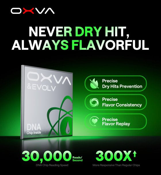 oxva xlim pro 2 DNA, plnitelná ecigareta, seznam výhod, precise dry hits prevention, precise flavour consistency, precise flavour replay. slogan Never dry hit, always flavorful