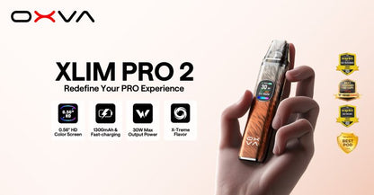 oxva xlim pro 2, plnitelná ecigareta, seznam výhod, 30W max power, xtreme flavour. slogan Redefine your PRO experience