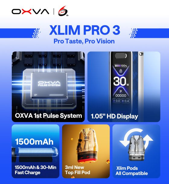 oxva xlim pro 3, seznam výhod, display, kompatibilita pods and cartriges, pulse system