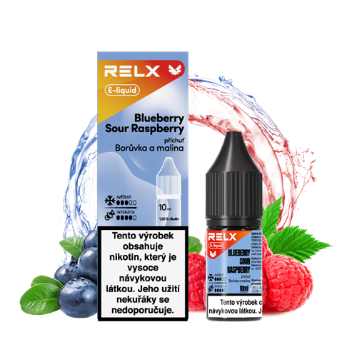 RELX e-liquid Blueberry Sour Raspberry – vyvážená kombinace sladkých lesních borůvek a jemně kyselé maliny, harmonický a šťavnatý ovocný mix ideální pro MTL a pod systémy, plné ovocné tóny s příjemnou svěžestí na závěr