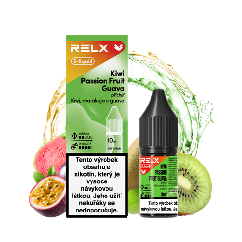 RELX e-liquid Kiwi Passion Fruit Guava – tropická kombinace sladkého kiwi, lehce kyselé marakuji a jemně aromatické guavy, ideální pro MTL a pod systémy, šťavnatý a hladký vapingový zážitek