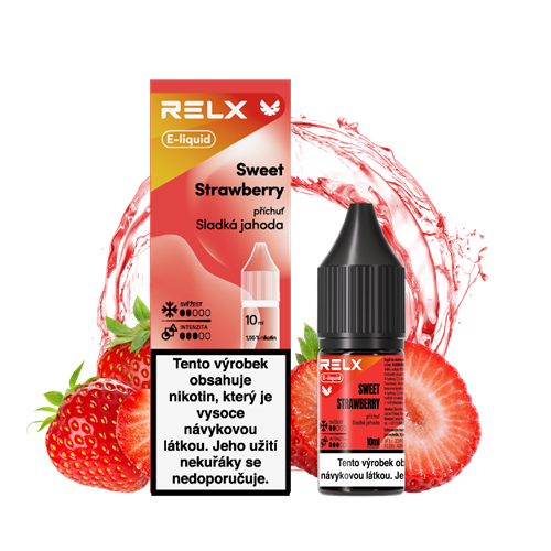 RELX e-liquid Sweet Strawberry – intenzivní chuť sladkých zralých jahod s plným ovocným tělem a jemně hebkým závěrem, ideální pro MTL a pod systémy, kulatější a výraznější ovocný profil