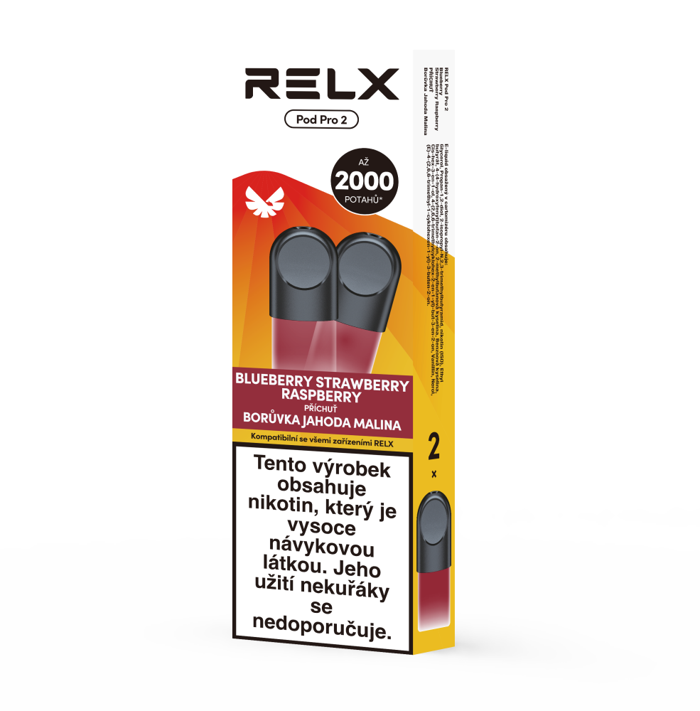 Dva předplněné PODy RELX Pod Pro 2 Blueberry Strawberry Raspberry s nikotinem 18 mg/ml