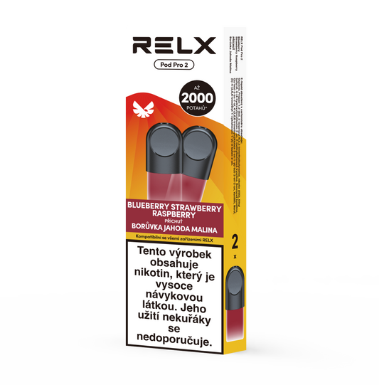 Dva předplněné PODy RELX Pod Pro 2 Blueberry Strawberry Raspberry s nikotinem 18 mg/ml