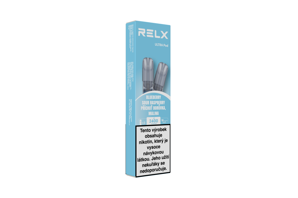 Balení RELX Ultra Blueberry Sour Raspberry 18 mg s borůvkovou a malinovou příchutí