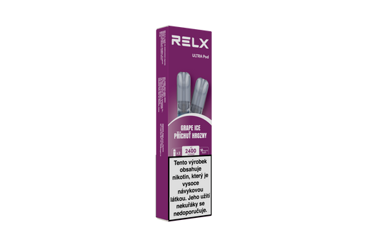 Balení RELX Ultra Pod Grape Ice 18 mg se dvěma předplněnými PODy s hroznovou příchutí