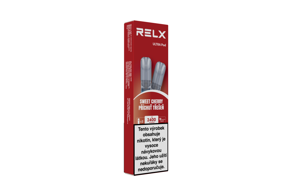 Balení RELX Ultra Pod Sweet Cherry 18 mg se dvěma předplněnými třešňovými PODy