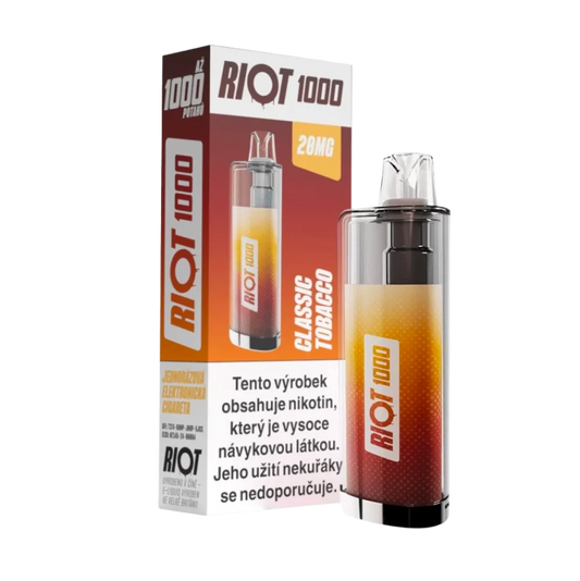 Jednorázová elektronická cigareta RIOT 1000 Classic Tobacco – autentická tabáková chuť. Až 1000 potahů pro jemně nasládlý a hladký zážitek.