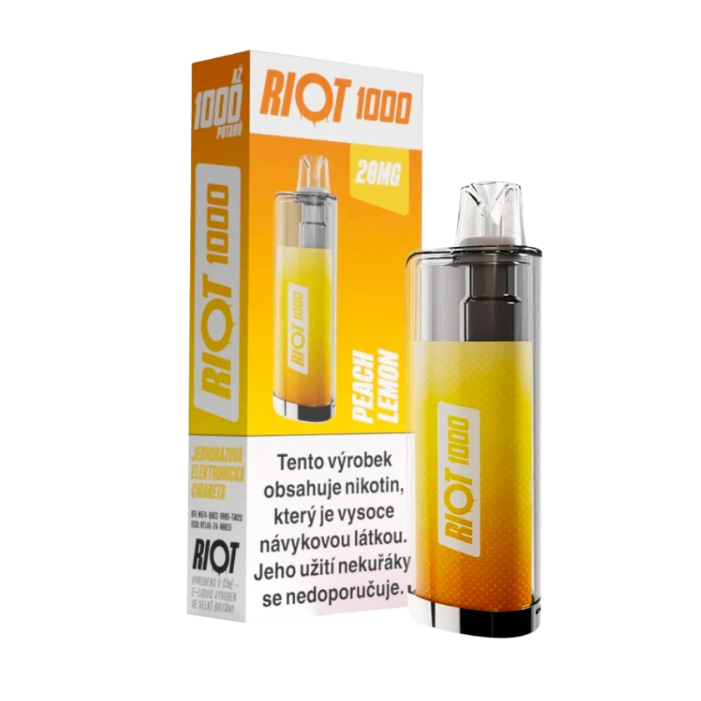 Jednorázová elektronická cigareta RIOT 1000 Peachy Lemon – sladká broskev a živý citron. Až 1000 potahů pro svěží a vyvážený ovocný zážitek.