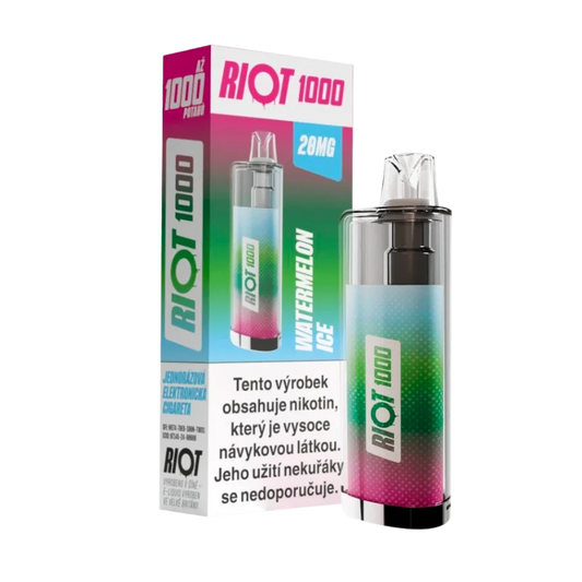 Jednorázová elektronická cigareta RIOT 1000 Watermelon Ice – šťavnatý meloun  s chladivým ice efektem. Až 1000 potahů pro svěží a osvěžující zážitek.