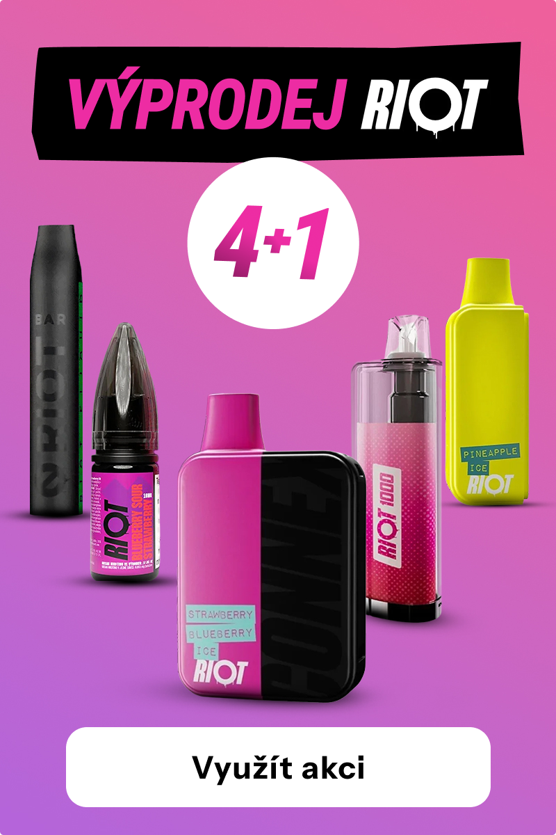 RIOT výprodej, 5 za cenu 4, kombinuj příchutě, jednorázové ecigarety, POD systémy i eliquidy, banner mobilní verze