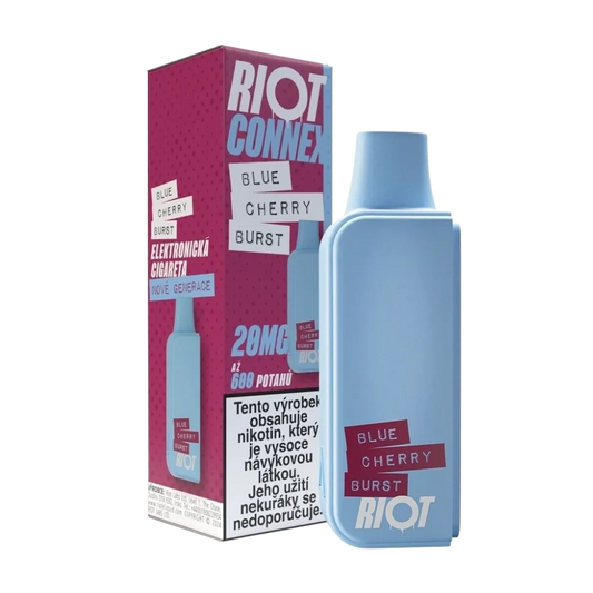Elektronická cigareta RIOT Connex Blue Cherry Burst POD 10 mg nikotinu na ml – borůvky a třešně, Až 600 potahů pro systém RIOT Connex