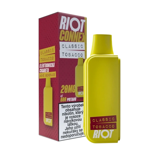 Elektronická cigareta RIOT Connex Classic Tobacco POD 10 mg nikotinu na ml – tabáková chuť, Až 600 potahů pro systém RIOT Connex.