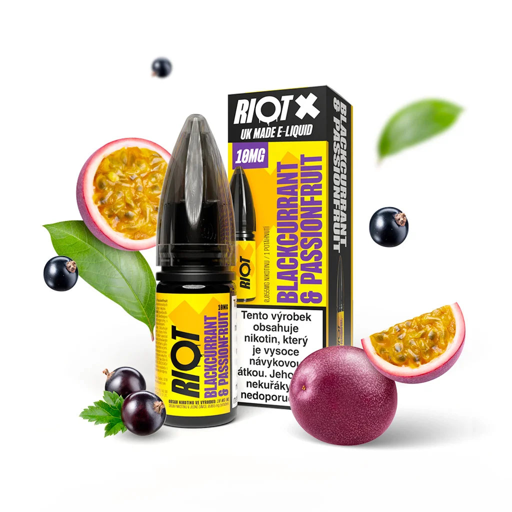 RIOT X SALT Blackcurrant & Passionfruit 10 mg/ml e-liquid s nikotinovou solí, černým rybízem a sladkou maracujou