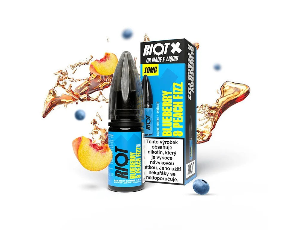 RIOT X Salt Blueberry & Peach Fizz 10 mg/ml e-liquid s nikotinovou solí, borůvkou, broskví a jemným fizz efektem