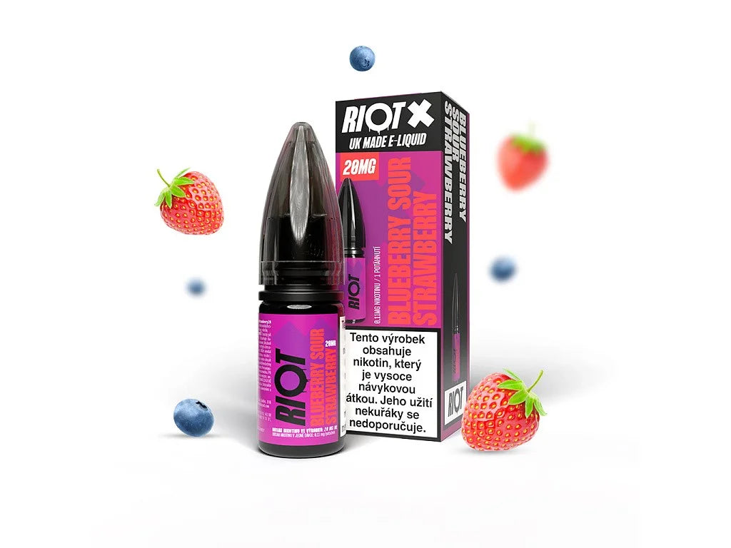 Nic Salt e-liquid RIOT X SALT Blueberry Sour Strawberry 20 mg/ml 10 ml se sladkou borůvkou a nakyslou jahodovou příchutí