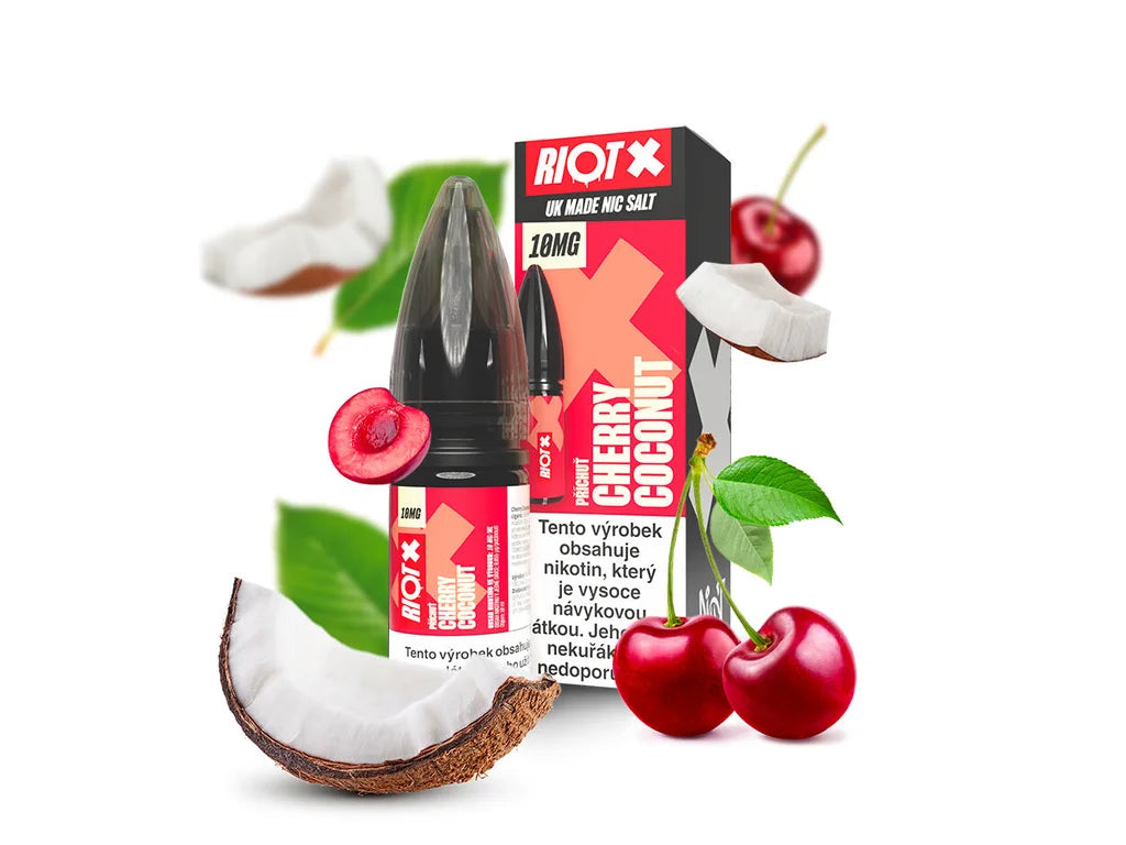 RIOT X SALT Cherry Coconut 10 mg/ml e-liquid s nikotinovou solí a příchutí šťavnaté třešně a jemného kokosu